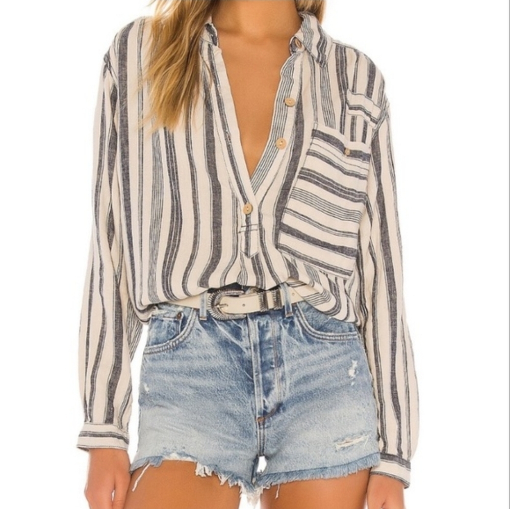 We The Free People Summer Breeze Button Down Striped Blue Linen Tunic Top